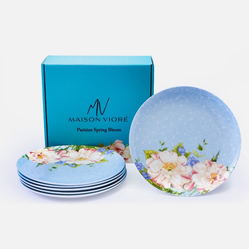Maison Viore Parisian Spring Bloom 8” Blue Salad Plates - Set of 6